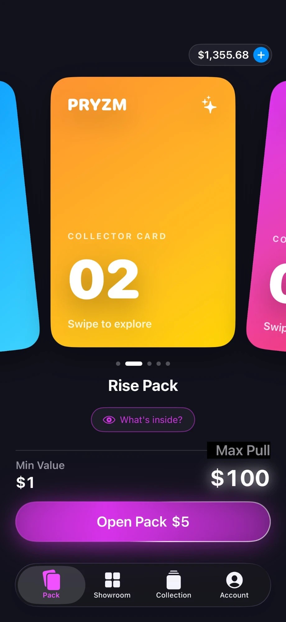 Pryzm app showing the Rise Pack: open for $5, minimum value $1, max pull $100